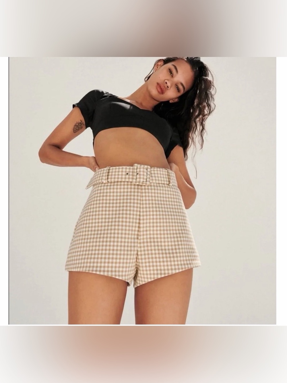 Zara Beige Gingham Belted High-Waisted Shorts XS